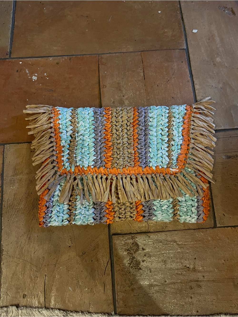 Handwoven Fringe Straw Clutch - Mint, Orange, Natural Nordstrom NWOT Beach bag